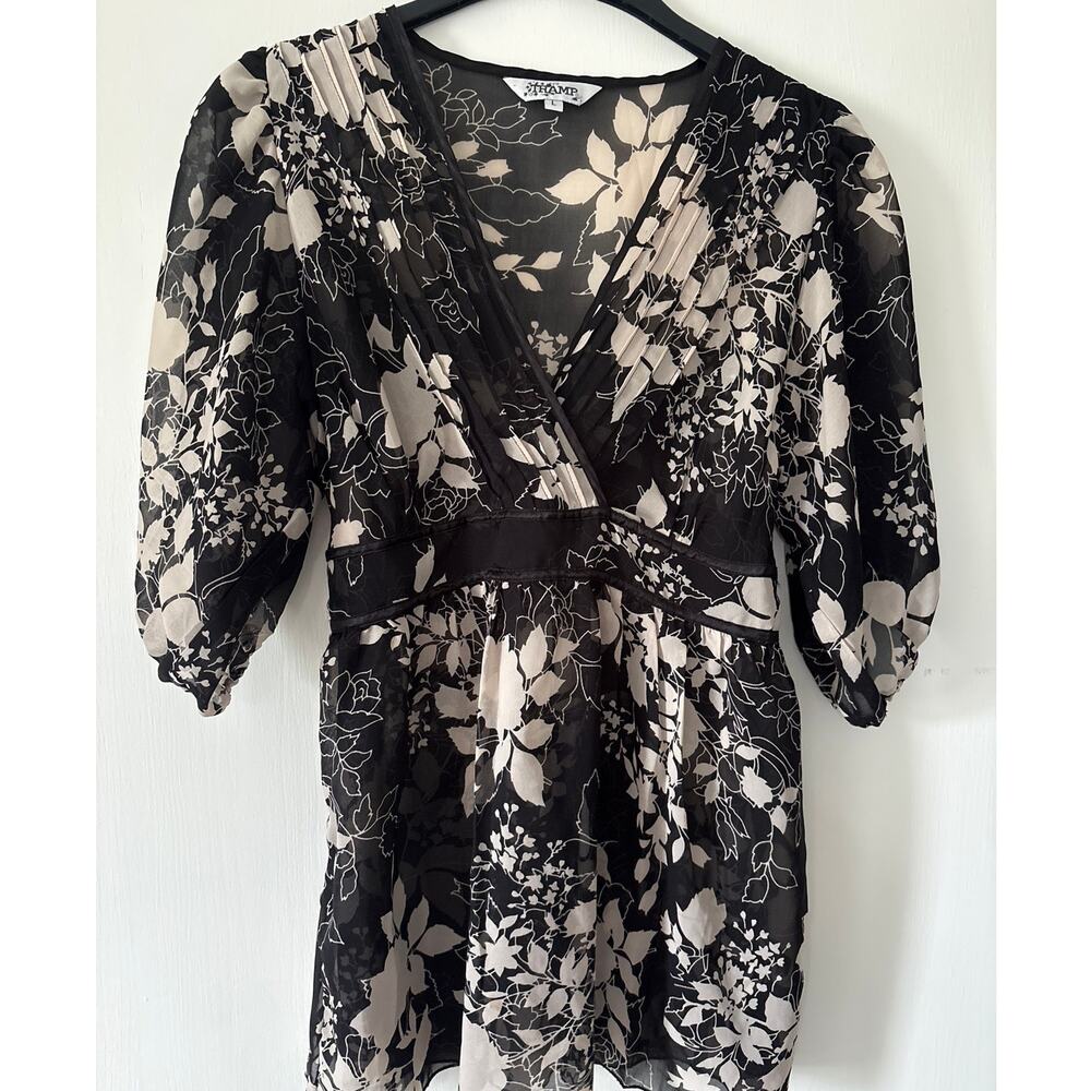 Tramp Vintage Y2K Floral Print Balloon Sleeve Sheer Babydoll Top Blouse Large